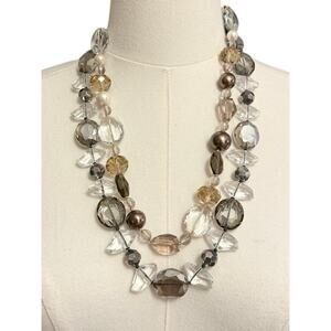 Layered Neutral Crystal Bead Necklaces Ribbon Tie Back Closure Elegant Statement